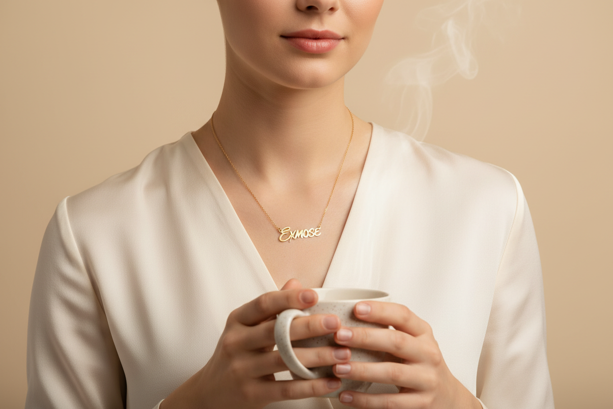 give me a life style image with custom ''exmose'' necklece which suits for this background color #F8F5F0